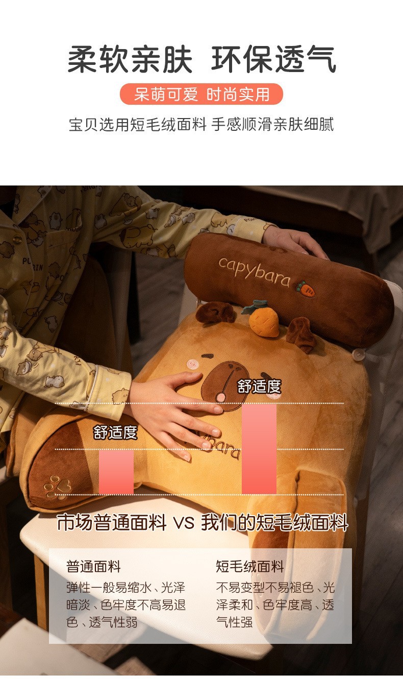 新款水豚卡皮巴拉创意靠垫毛绒玩具腰靠冰丝乳胶汽车腰枕垫抱枕女详情1