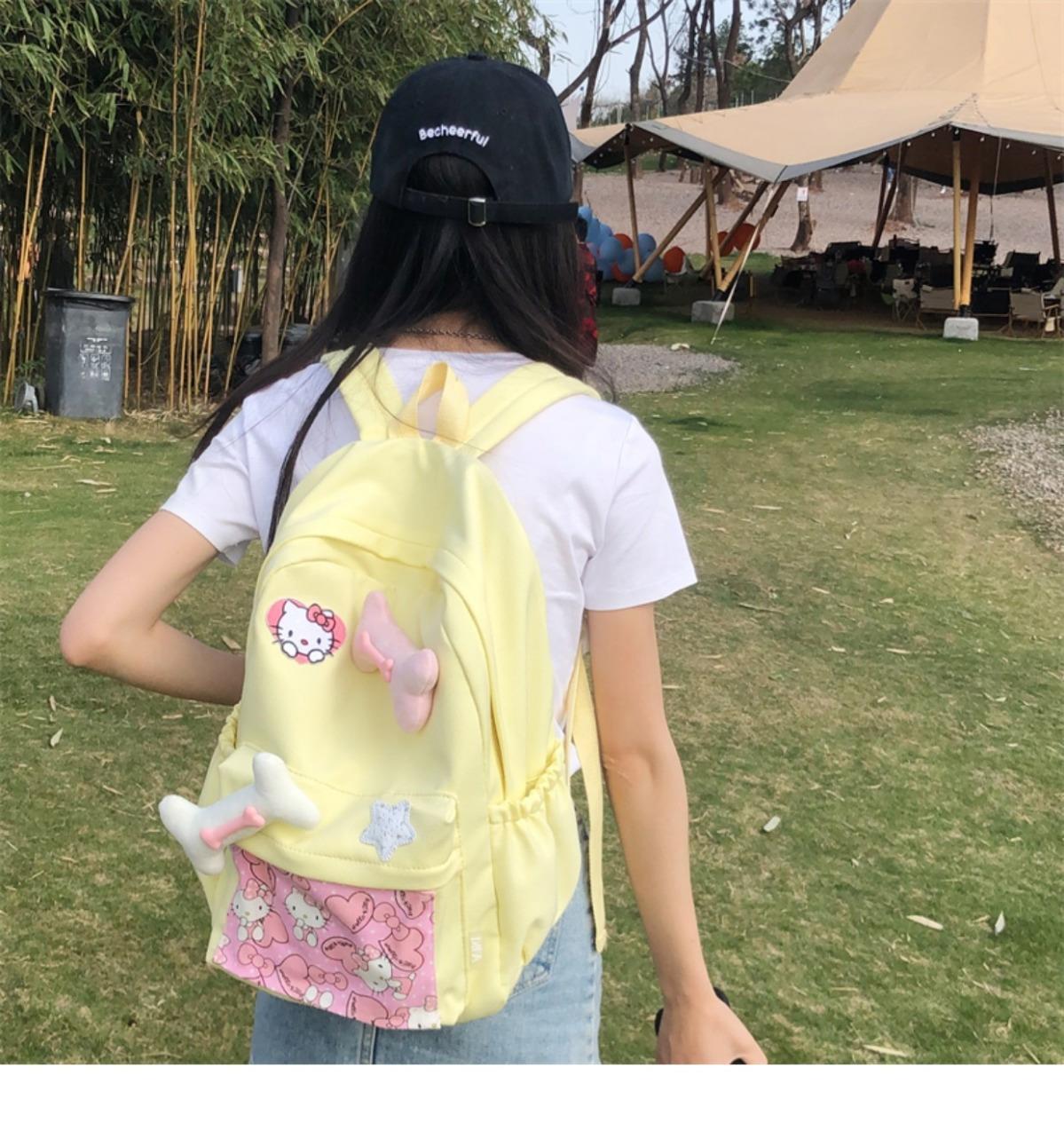 辣妹设计感背包可爱卡通猫猫骨头大容量清新黄色书包大学生双肩包详情13