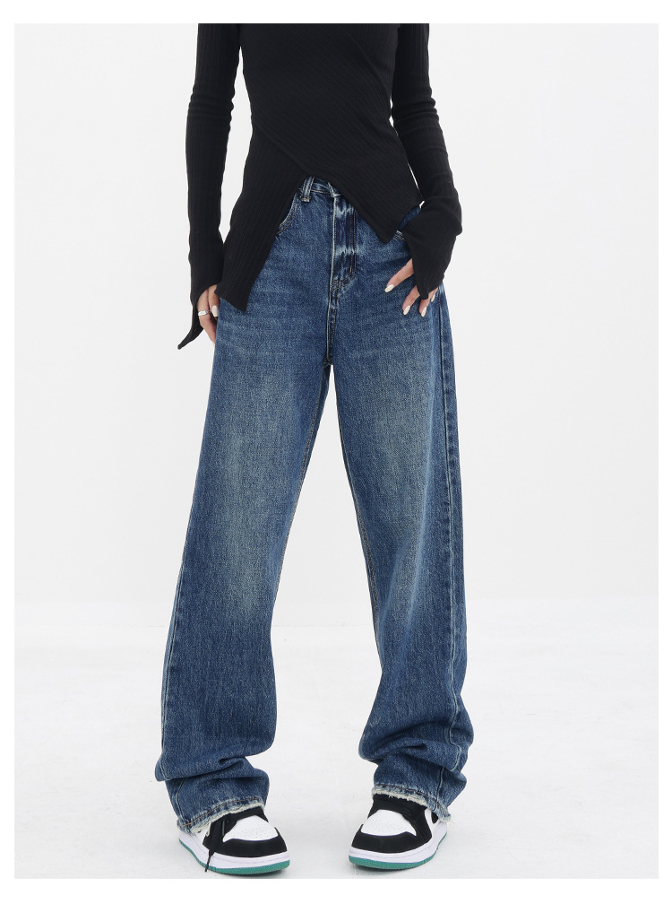 Customized high-waisted straight-leg jeans for women with pockets that make them look petite. Narrow wide-leg floor-length pants for 2024 new style pic 1