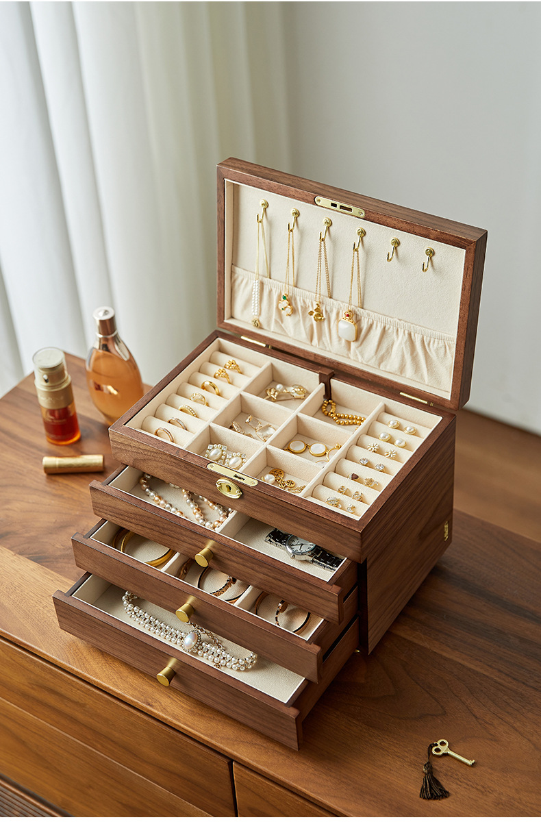 胡桃木首饰盒四层带金色锁扣带柜脚大容量珠宝收纳复古饰品收纳柜详情6
