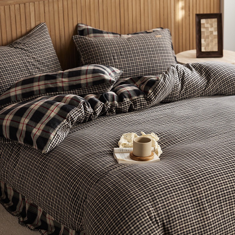 All-cotton Class A double-layer yarn four-piece set, double-layer yarn quilt cover and bed sheet four-piece set, pure cotton double-layer yarn checkered four-piece set pic 15
