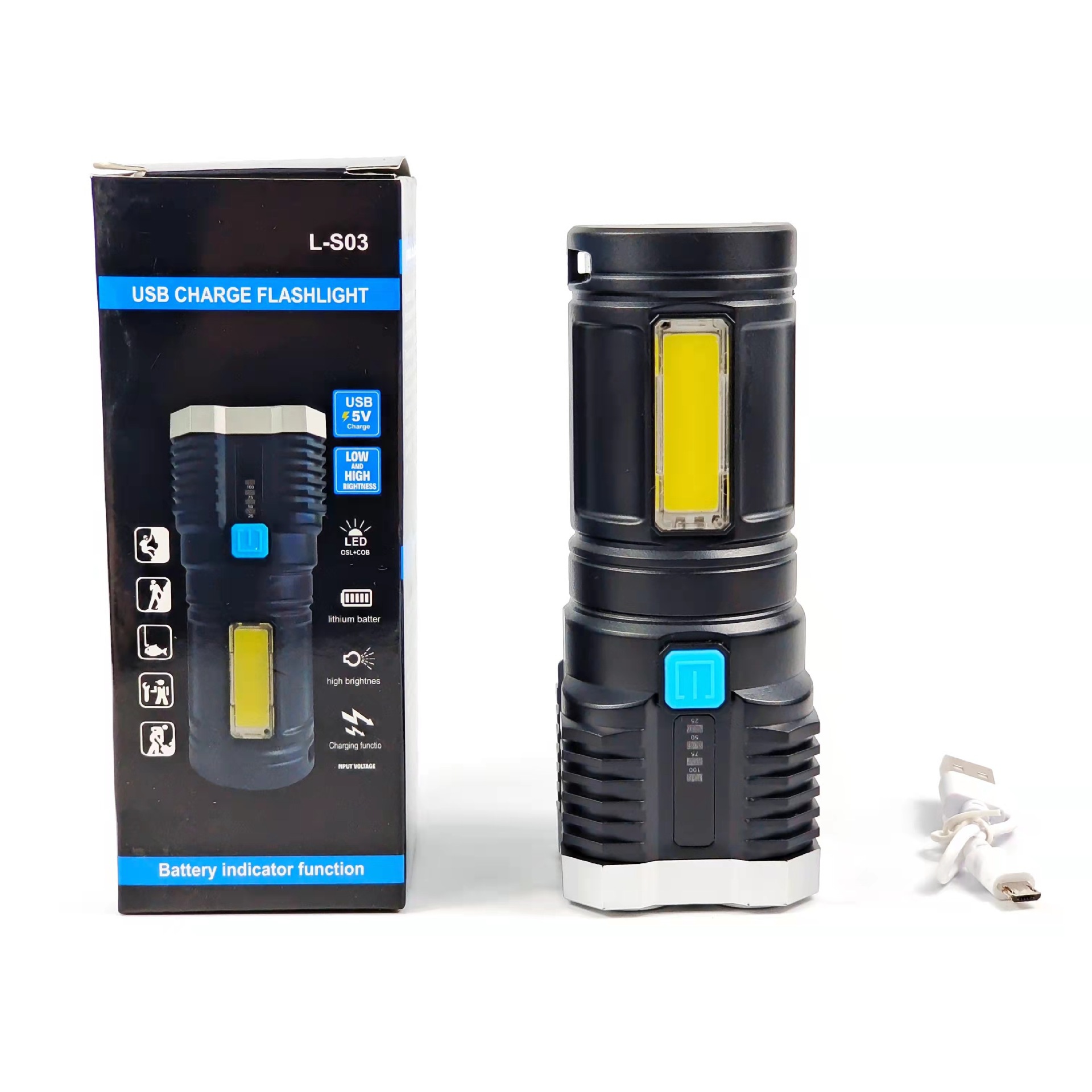 Wholesale of multi-functional outdoor LED high-intensity flashlight with battery level display, USB charging, COB side light flashlight pic 16