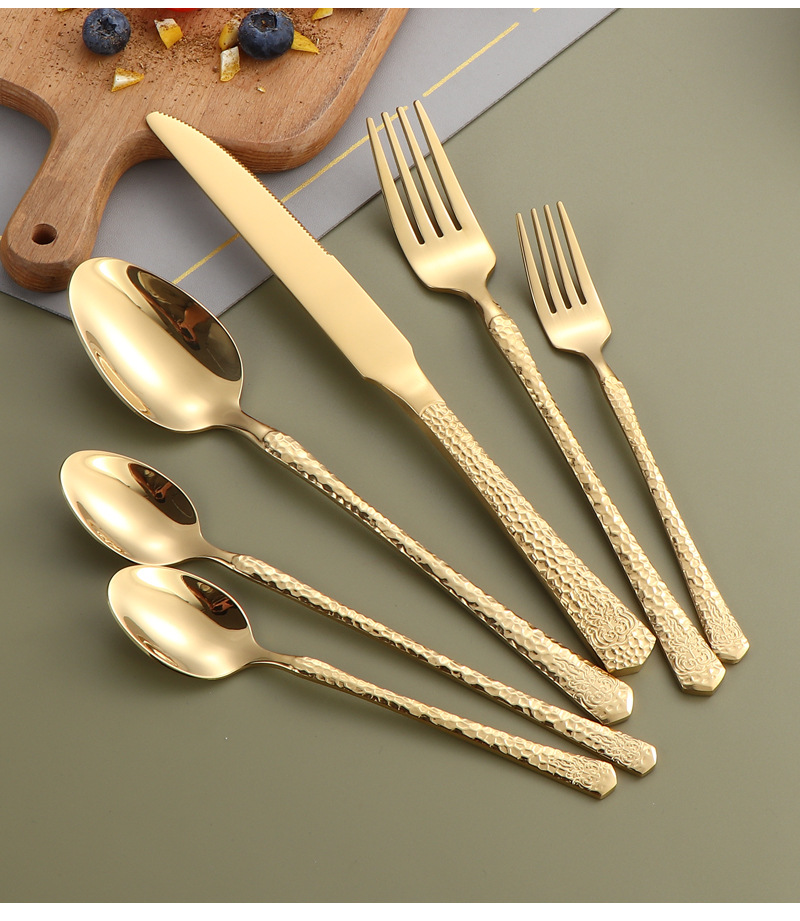 Cross-border hammer-patterned stainless steel knives, forks and spoons, high-end and light luxury dining spoons and forks, gold-plated steak knives, elegant Western dining gift tableware pic 16
