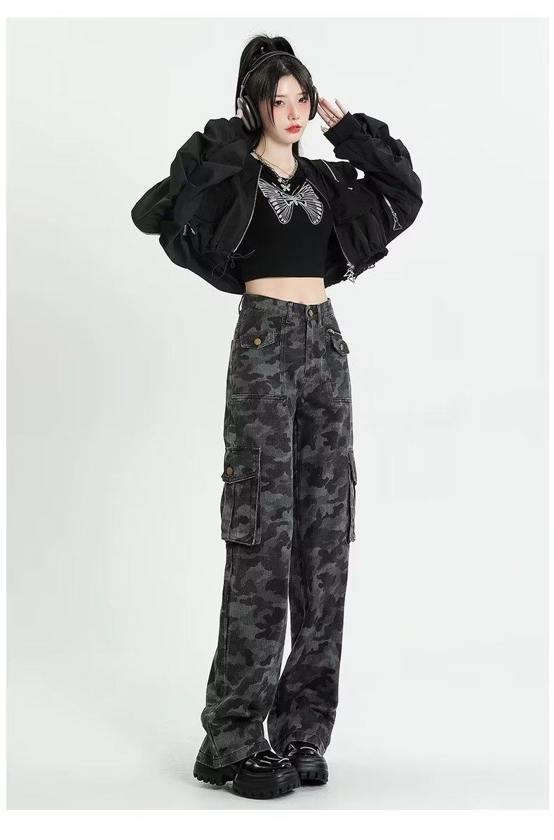 迷彩工装裤女美式高个子牛仔裤子辣妹阔腿裤迷彩服显瘦复古迷彩裤详情11