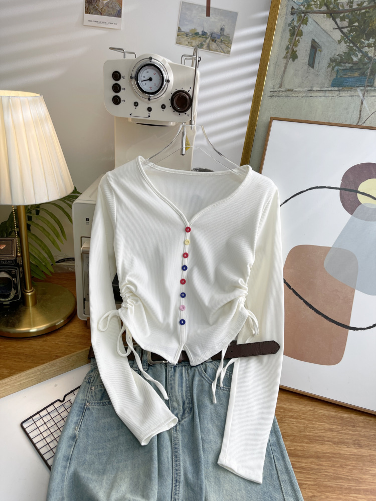 抽绳针织长袖t恤女2024秋新款修身短款设计感内搭打底衫上衣4659详情10