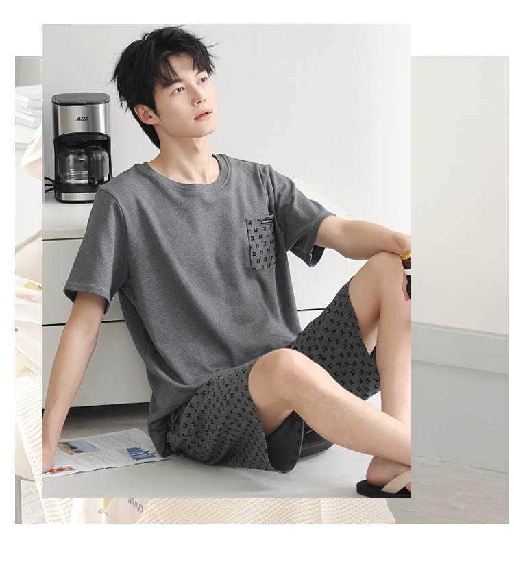 100% pure cotton summer pajama set for men, thin home wear, short sleeves and shorts, simple and casual, all-cotton, suitable for outdoor wear pic 9