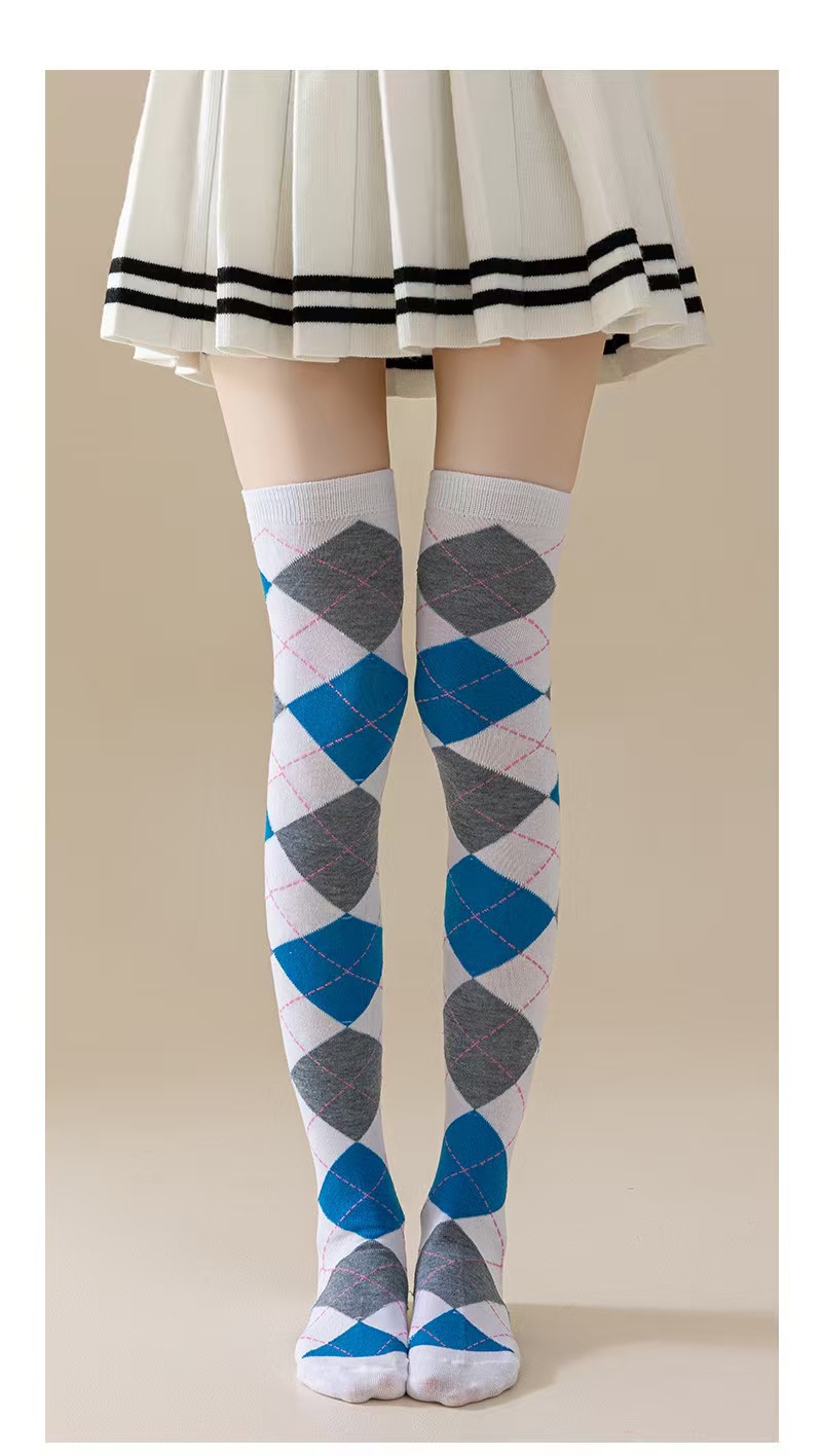跨境过膝长筒袜欧美风格菱格长筒袜Cosplay派对女士英纶风过膝袜详情13