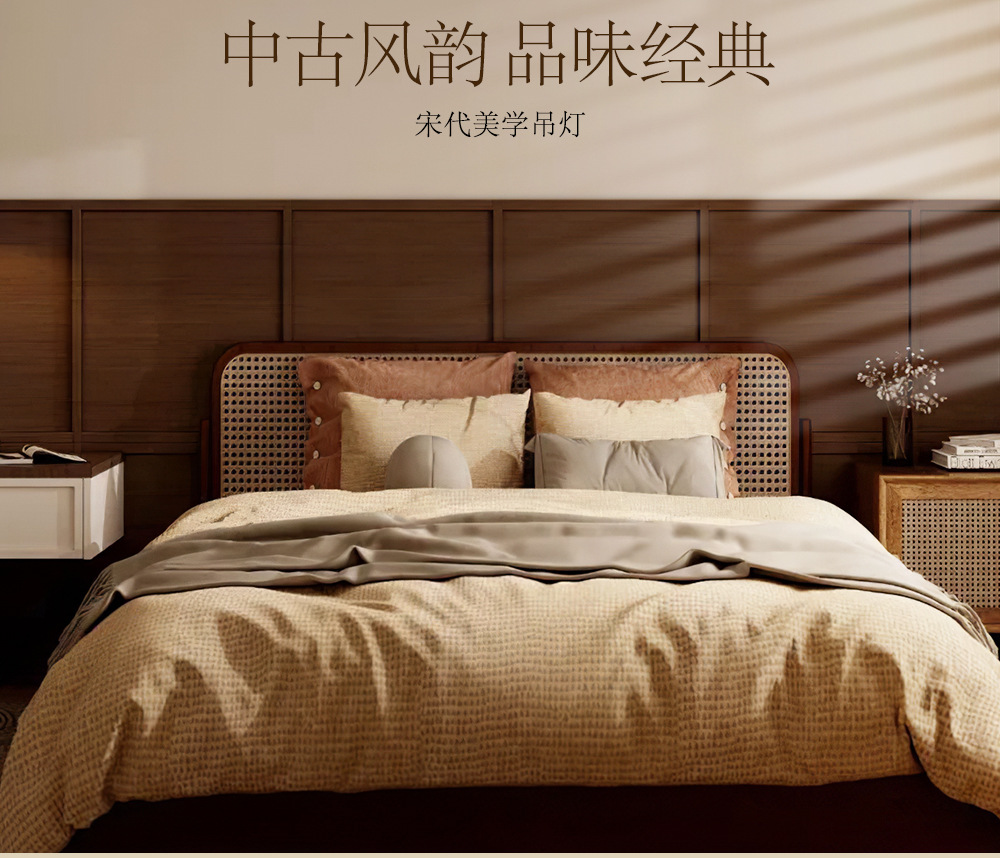 法式复古风卧室吊灯布艺花纹中古餐厅南洋实木侘寂风温馨房间主灯详情22