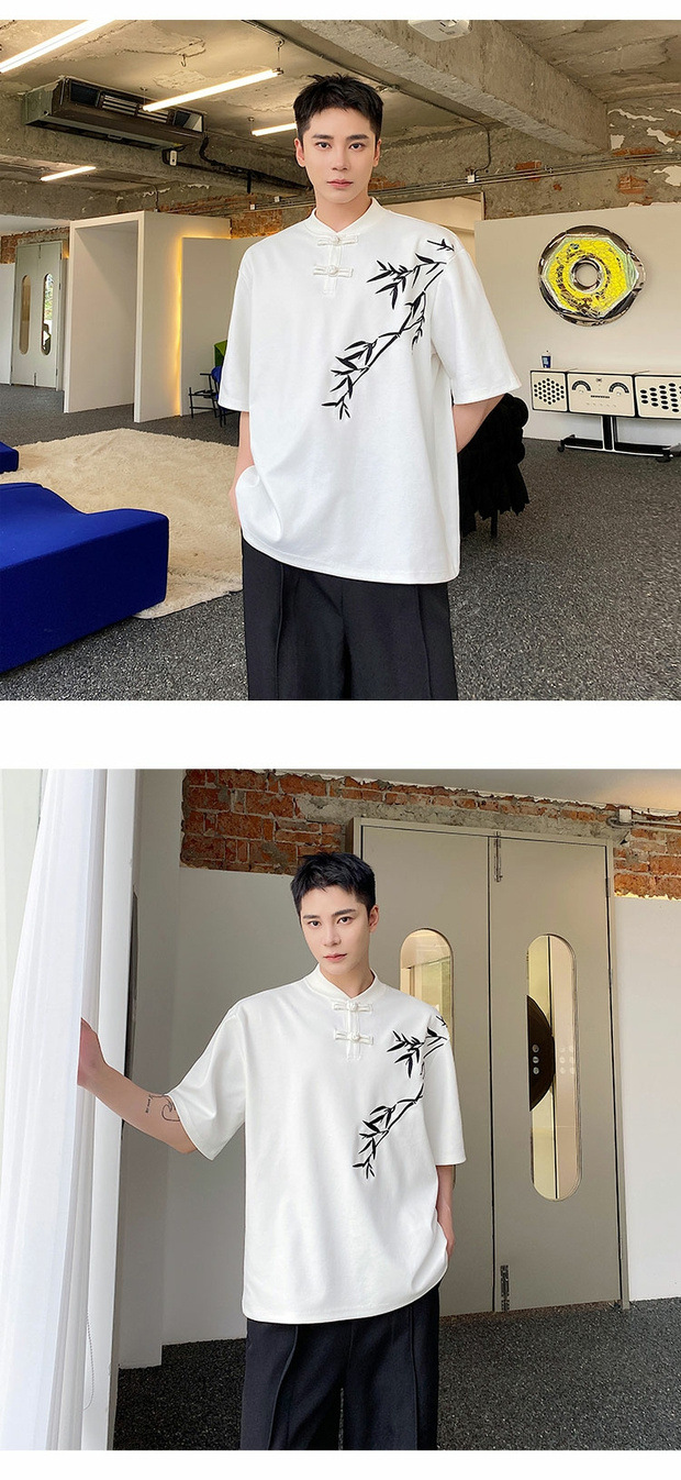 Summer Chinese trend improved Chinese-style button-up T-shirt for men, short-sleeved, niche bamboo embroidery design, retro Chinese style half-sleeved top pic 4