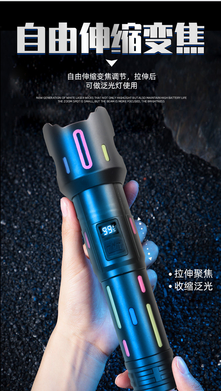 跨境强光远射手电筒超亮户外白激光多功能数显灯变焦大功率露营灯详情9