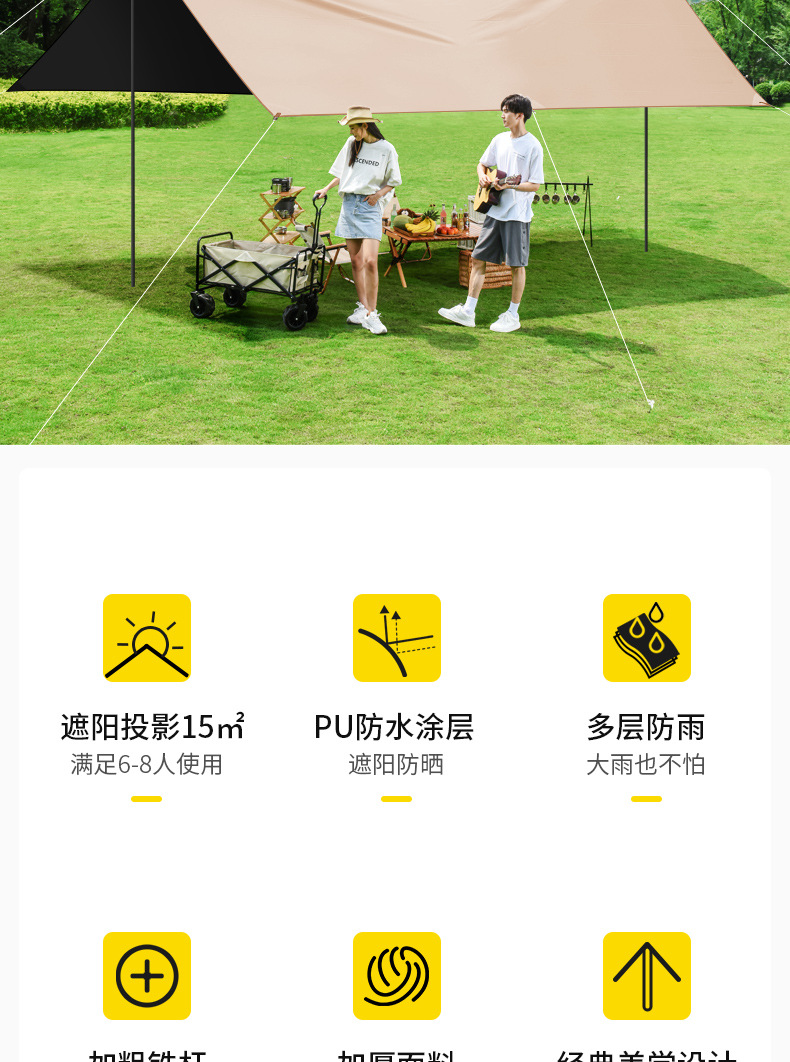 新款钛冷黑胶天幕加厚户外露营帐篷遮阳棚防水防雨凉棚防风遮阳布详情3