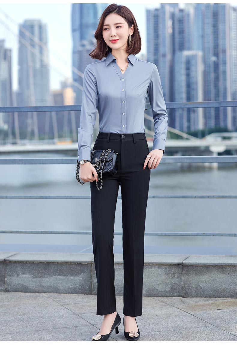 Company professional long-sleeved shirt for women, Korean-style, slimming, no-iron stand-up collar top, bamboo fiber work shirt for men pic 17