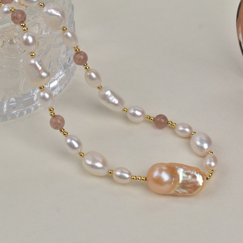 French caramel grass mold crystal natural stone Baroque natural freshwater pearl necklace, a new high-end sweater chain for women pic 11