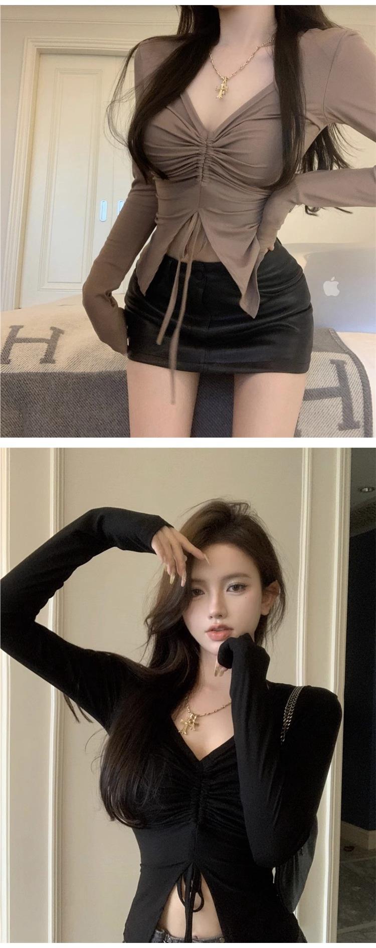 韩版新款辣妹v领长袖T恤女春秋性感抽绳纯欲打底衫上衣女一件代发详情5