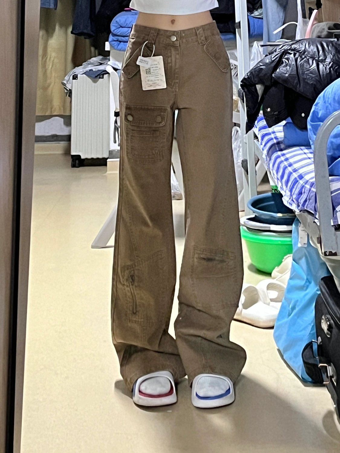 Khaki narrow edition workwear jeans for children 2025 Spring and Autumn new style Korean high-waisted loose slimming slightly flared pants pic 2