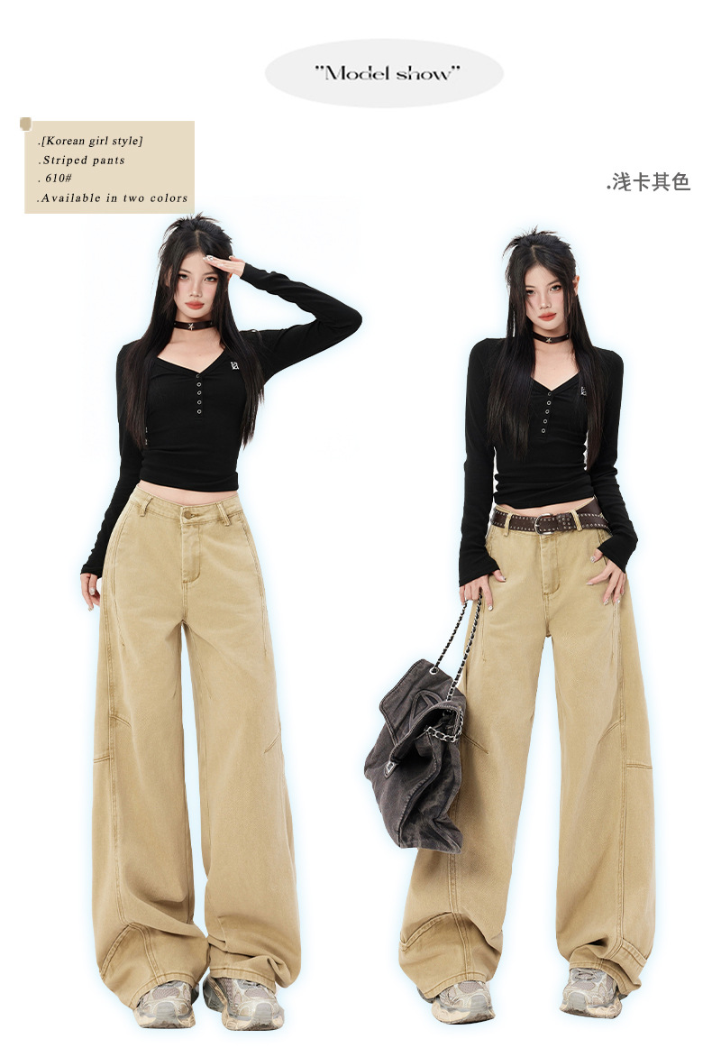 橙绢女装#美式复古压褶阔腿弯刀裤春季新款浅卡其高腰显瘦牛仔裤详情7