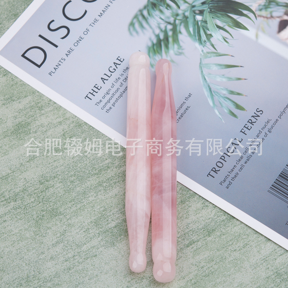 批发外贸天然粉晶玉石按摩器脸部面部刮板质感温润手工打磨穴位笔详情16