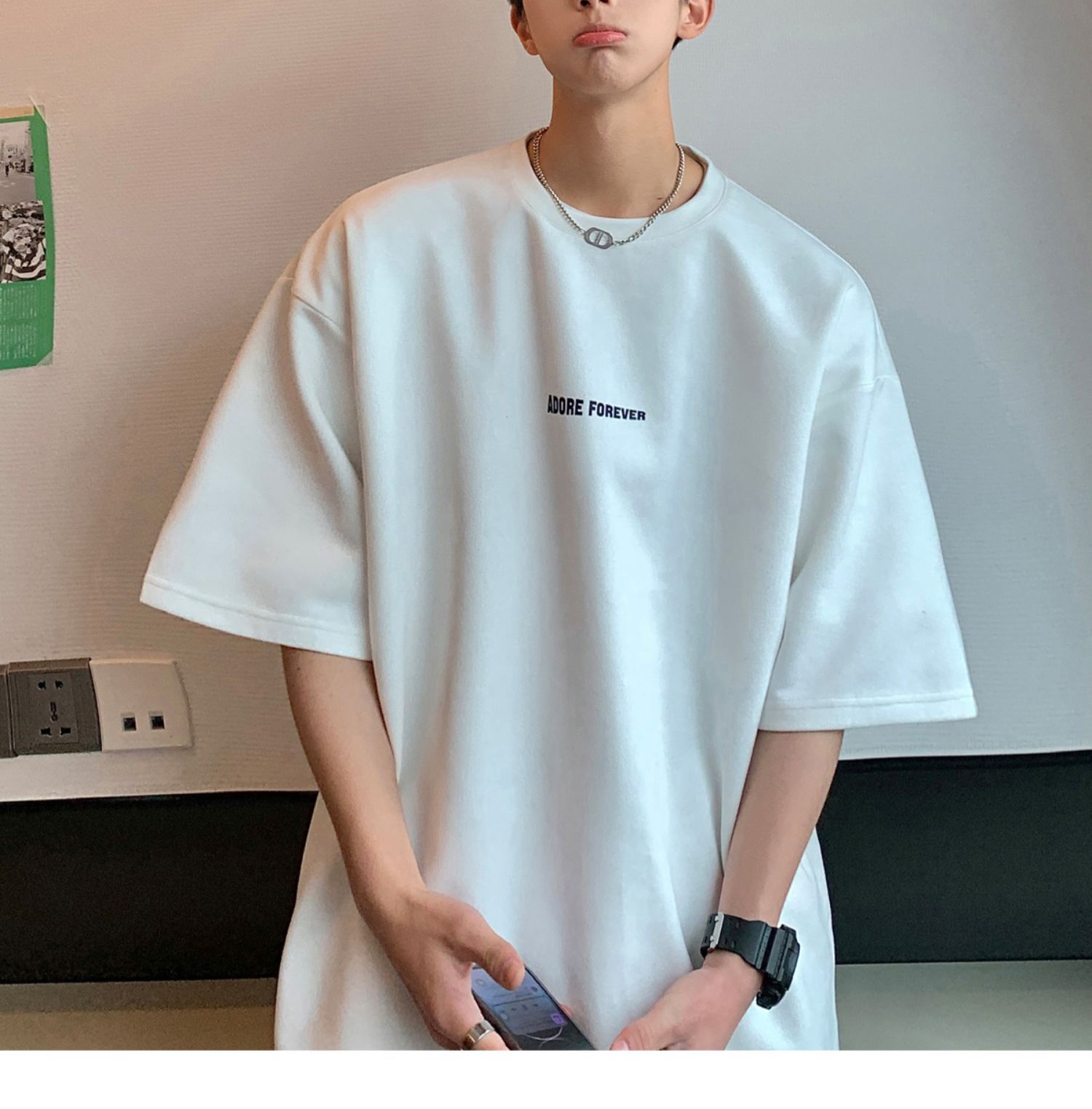 Avocado Green 320g heavyweight T-shirt for men, American retro suede short-sleeved, oversized small collar, three-quarter sleeve pic 16