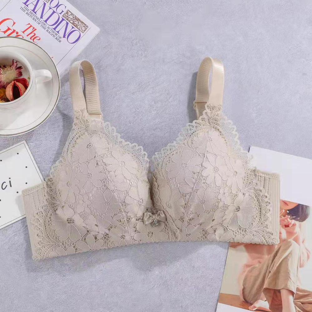 Cross-border export lace bras without steel loops, medium thick cup copper fiber lining, small breasts, gathering anti-sagging three-breasted underwear pic 9
