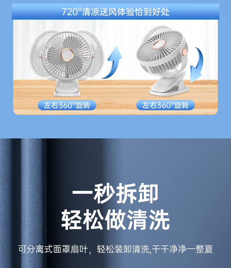New desktop clip-on fan, usb charging night light circulation fan, high wind force desktop fan, portable wall-mounted electric fan pic 21