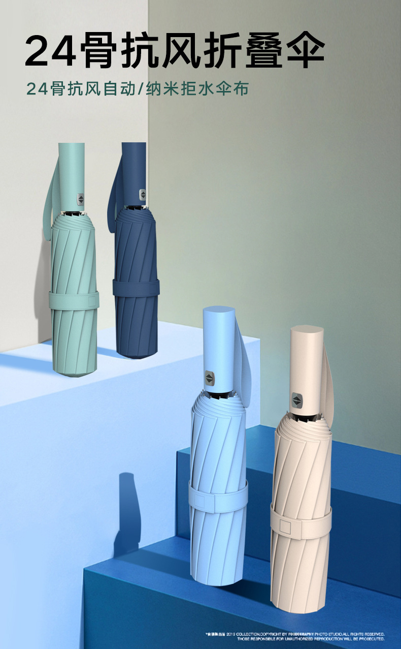 24骨全自动雨伞双人三折晴雨两用商务遮阳伞双龙骨可印制大量批发详情1