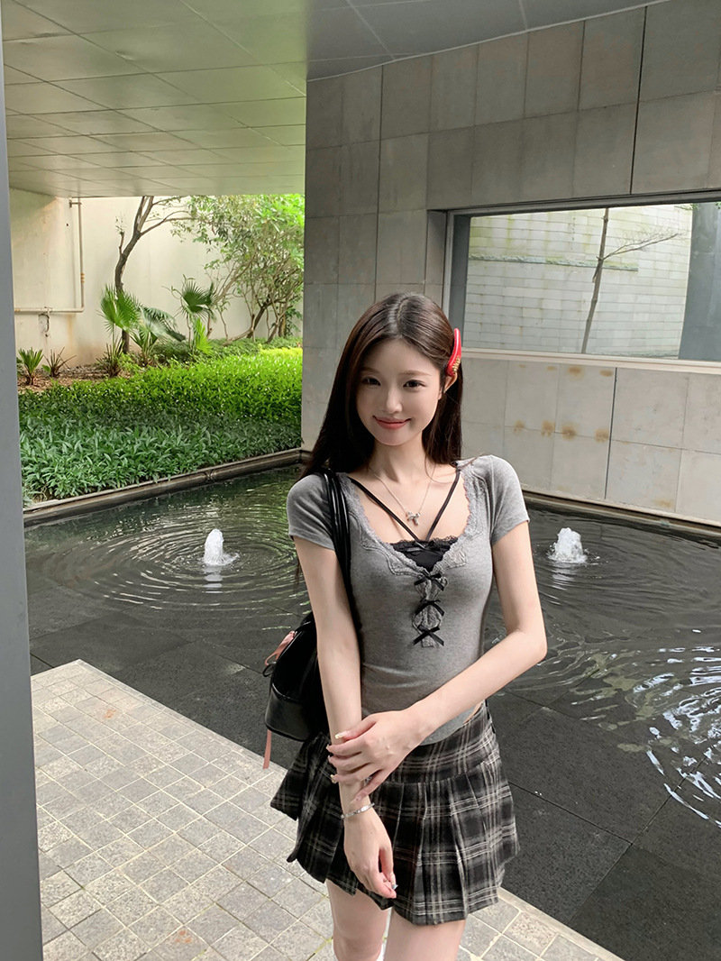 ins性感纯欲假两件V领蝴蝶结短袖T恤夏季修身显瘦辣妹打底上衣女T详情5