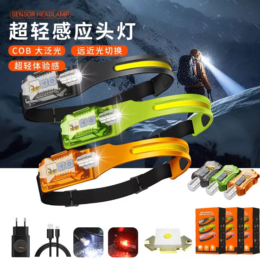 跨境硅胶感应头灯Type-C充电户外骑行多功能警示LED高亮照明头灯详情11