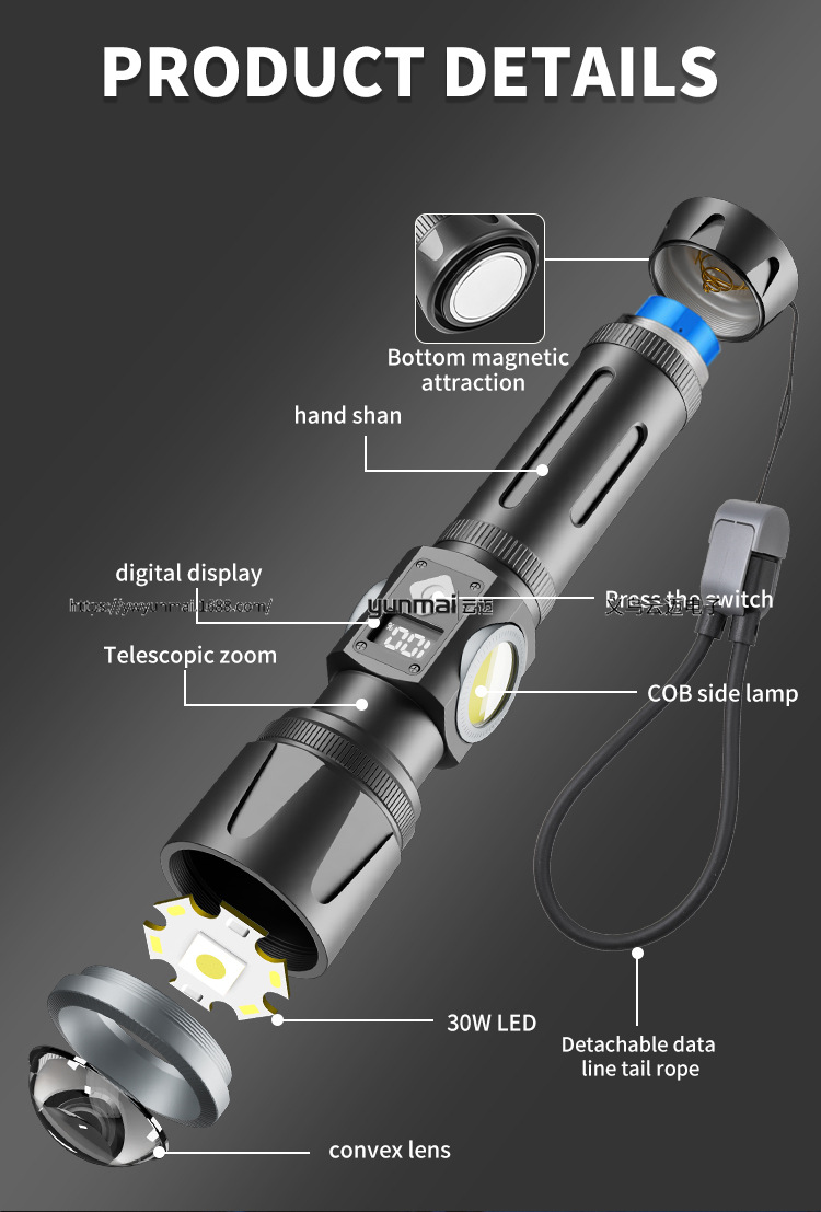 亚马逊新品LED白激光双面COB多色温手电筒带数字电量显示强光手握式照明工具详情20