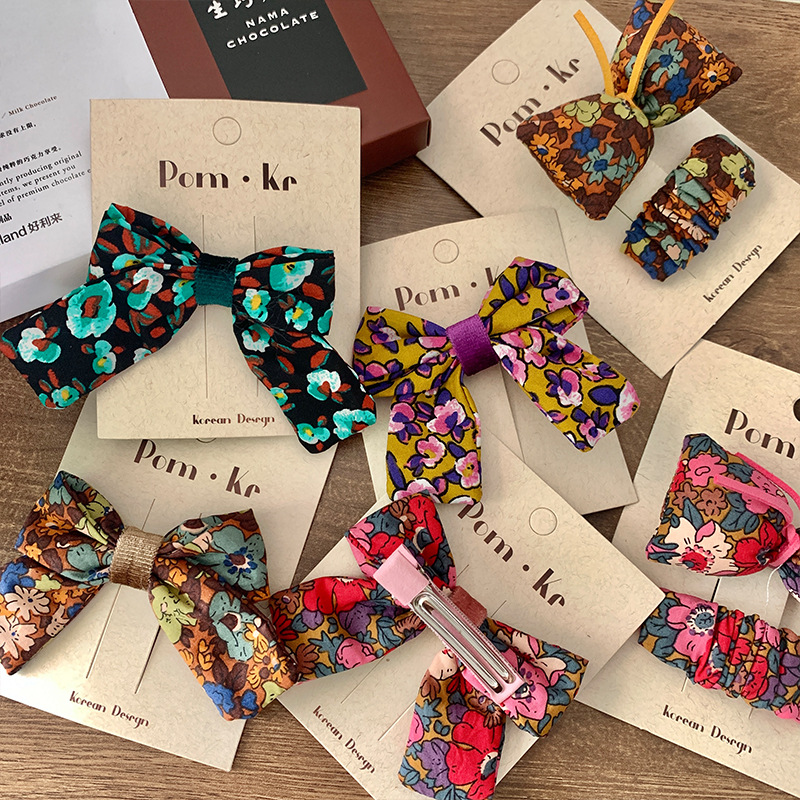 韩版彩色系碎花布艺女童bb夹蝴蝶结发夹少女心侧边碎发夹刘海夹详情10