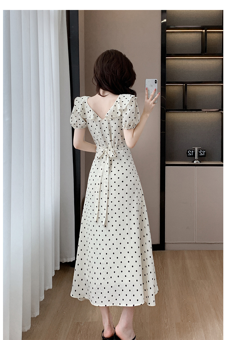 High-quality summer Korean-style sweet and slimming dress with lotus leaf collar, waist-cinching tie, puffed sleeves and jacquard polka dot pic 20