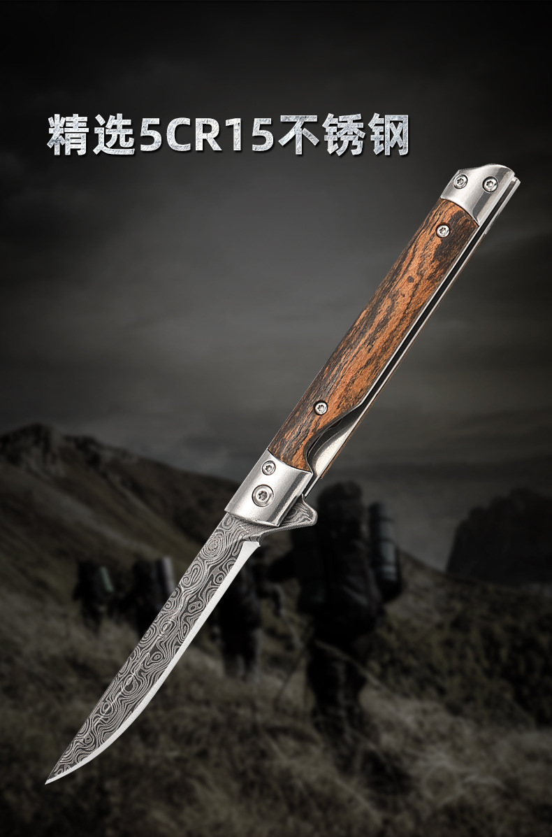 A must-have Damask pattern folding knife for outdoor camping. Made of high-hardness stainless steel, it features a quick-opening design, is compact and portable, and is a versatile and practical folding knife pic 10