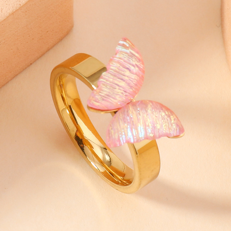 跨境新款时尚钛钢戒指滴彩色油蝴蝶情侣对戒小众精美风不锈钢饰品详情5