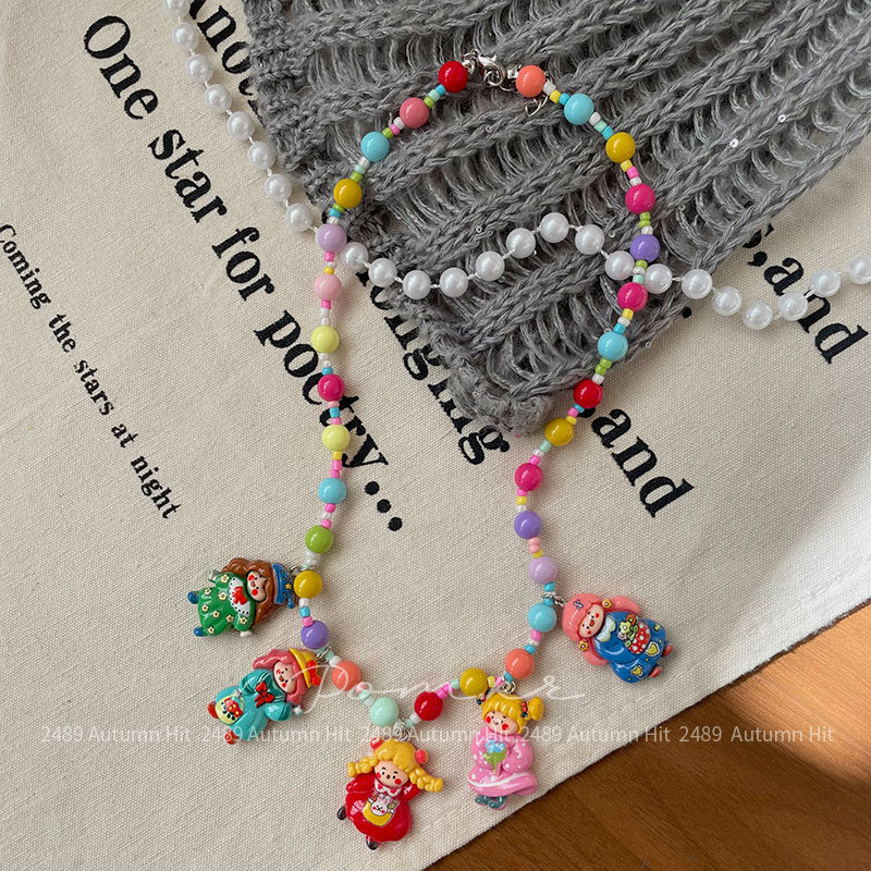 新款韩系卡通彩色珠珠项链手作儿童树脂草莓女孩挂脖饰品配饰趣萌女多彩串珠卡通形象吊坠项链 童系 多款可爱造型少女心装饰颈详情6