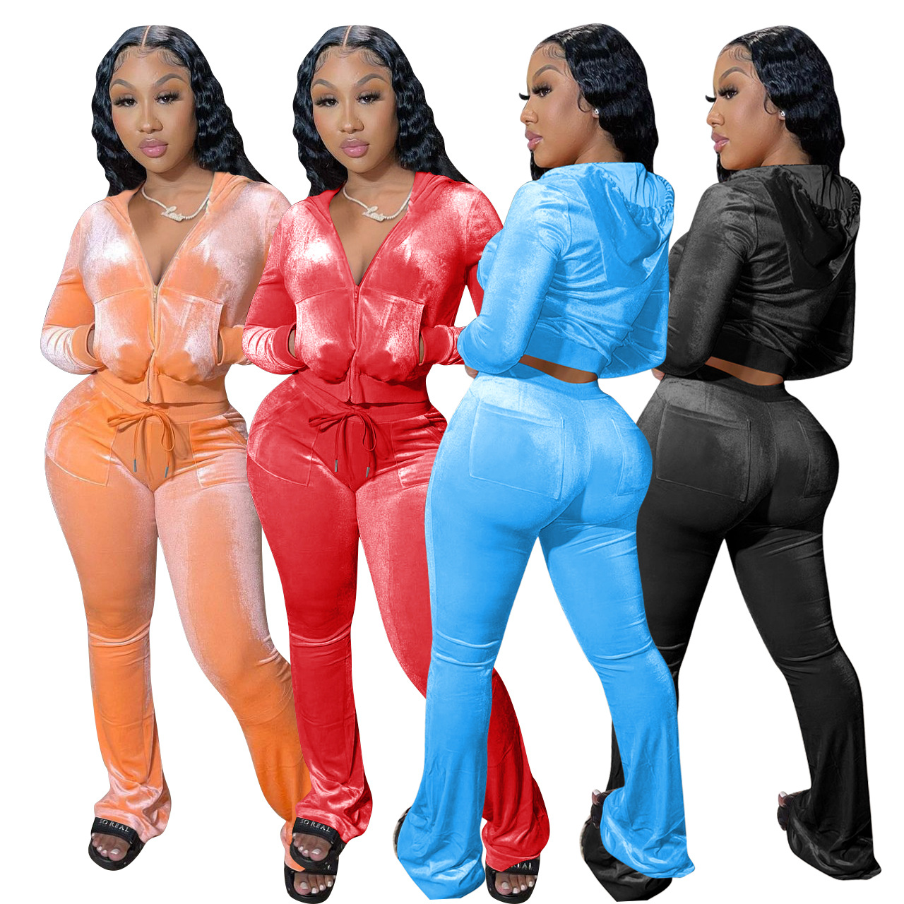 Solid color gold velvet wide-leg pants two-piece set pic 160