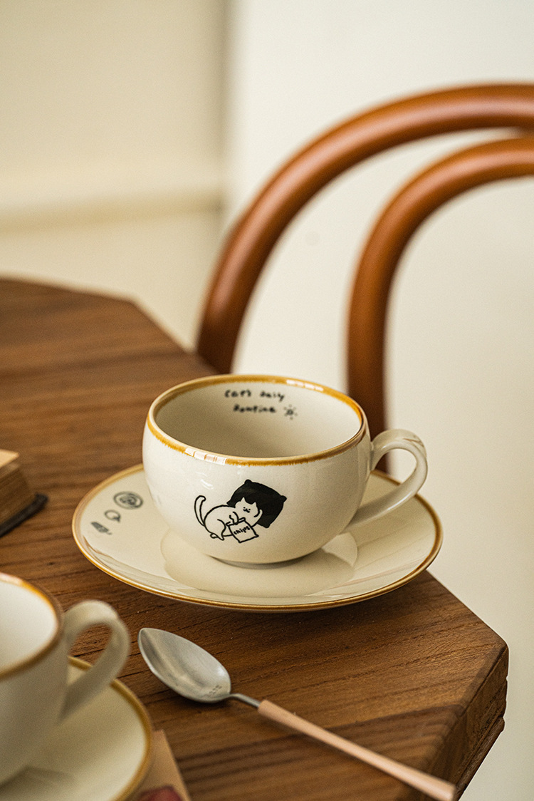 可爱卡通治愈插画日式猫咪陶瓷咖啡杯碟下午茶拿铁拉花杯高级感咖啡具套装详情4