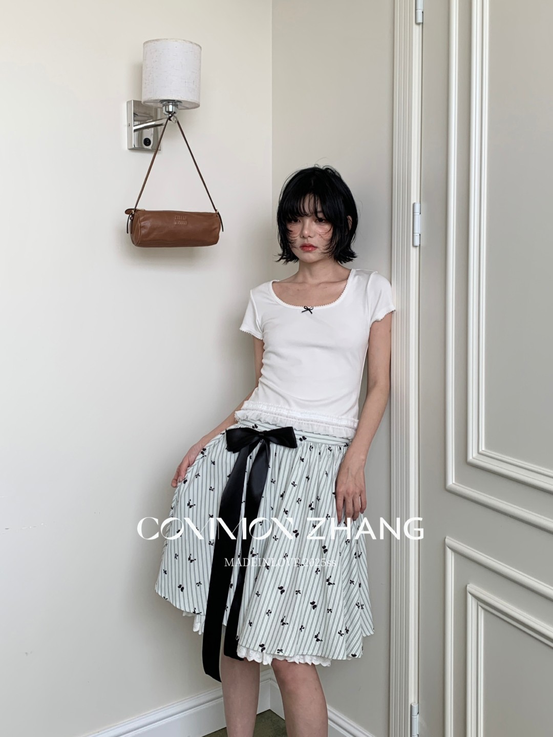 CZ ZHANG夏季韩版少女感减龄蝴蝶结拼接U领纯色天丝短袖T恤B20757详情24