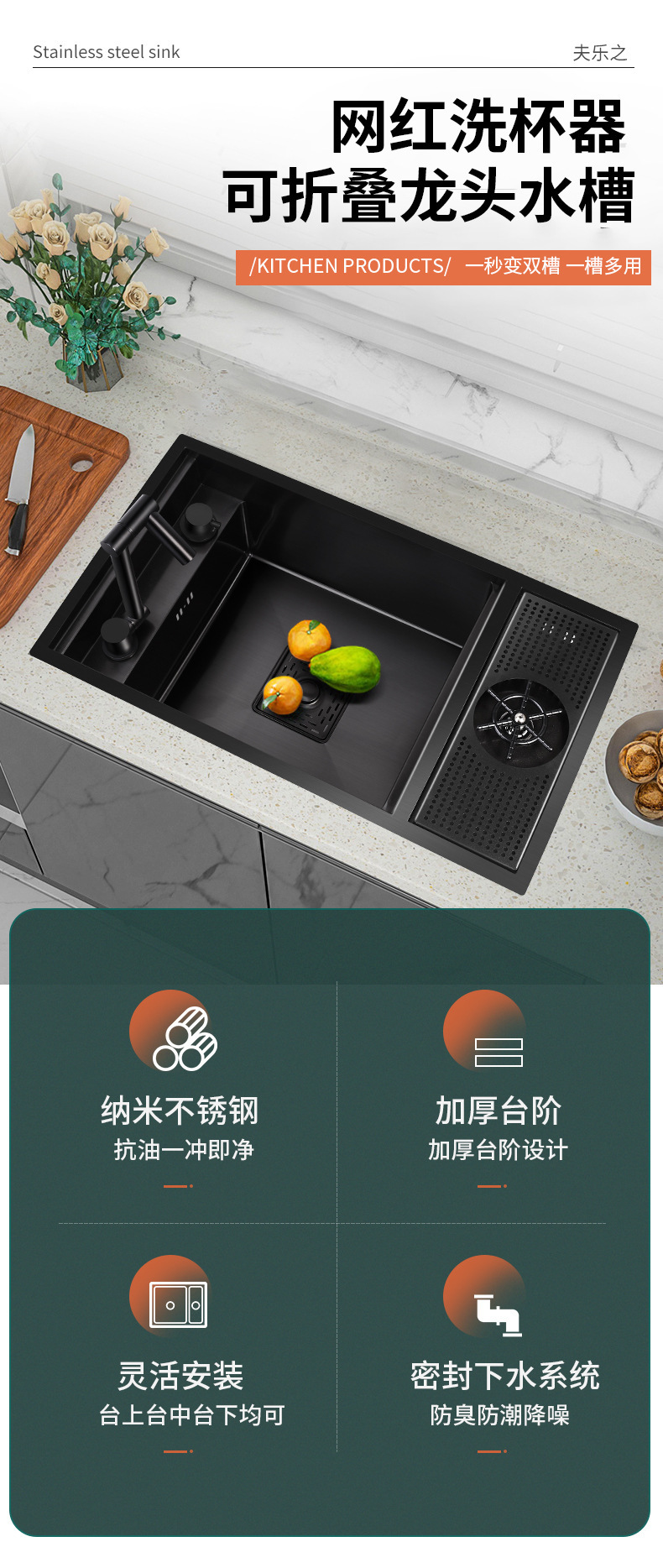 开放式岛台厨房纳米不锈钢水槽单槽隐藏式咖啡店吧台洗菜盆带盖板详情3