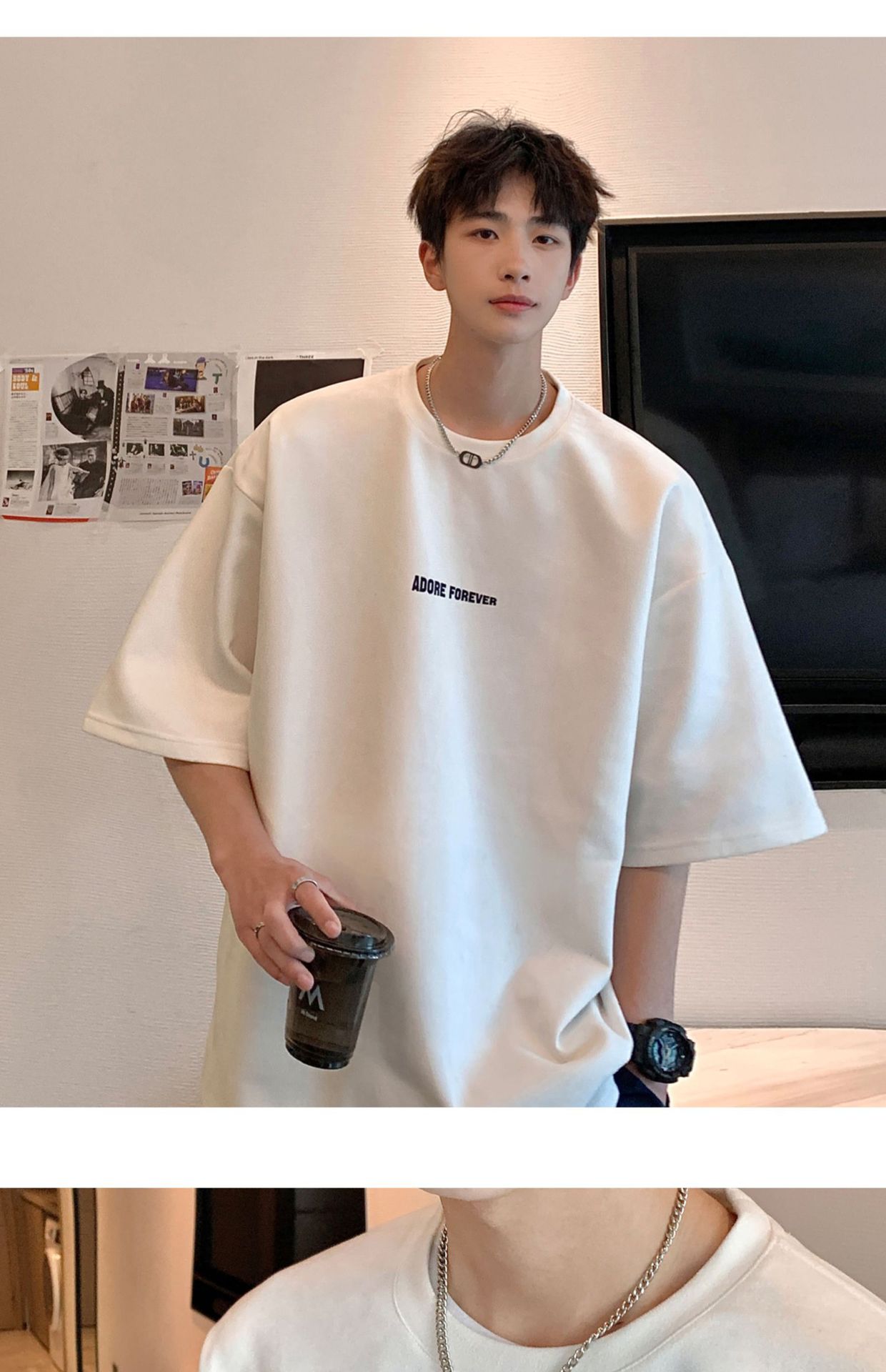 Avocado Green 320g heavyweight T-shirt for men, American retro suede short-sleeved, oversized small collar, three-quarter sleeve pic 19