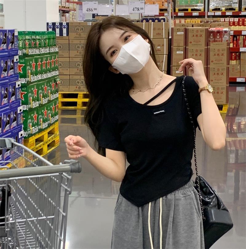 不规则设计感短袖T恤女夏季韩版2023新款辣妹风欲白色打底上衣详情3