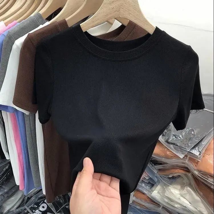 纯色面膜T恤女短袖2024年夏季新款法式修身显瘦设计感打底衫上衣详情4