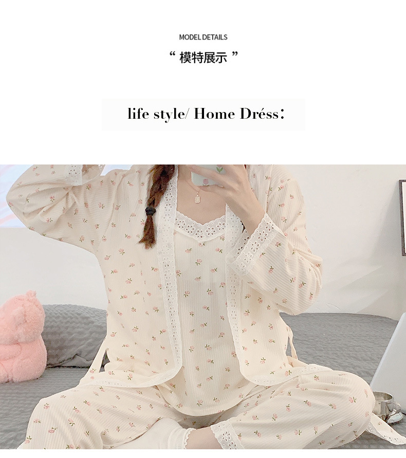 New spring and autumn pajamas for women with breast pads, sexy halter tops, long-sleeved shirts and long pants, three-piece set, lace floral home wear pic 5