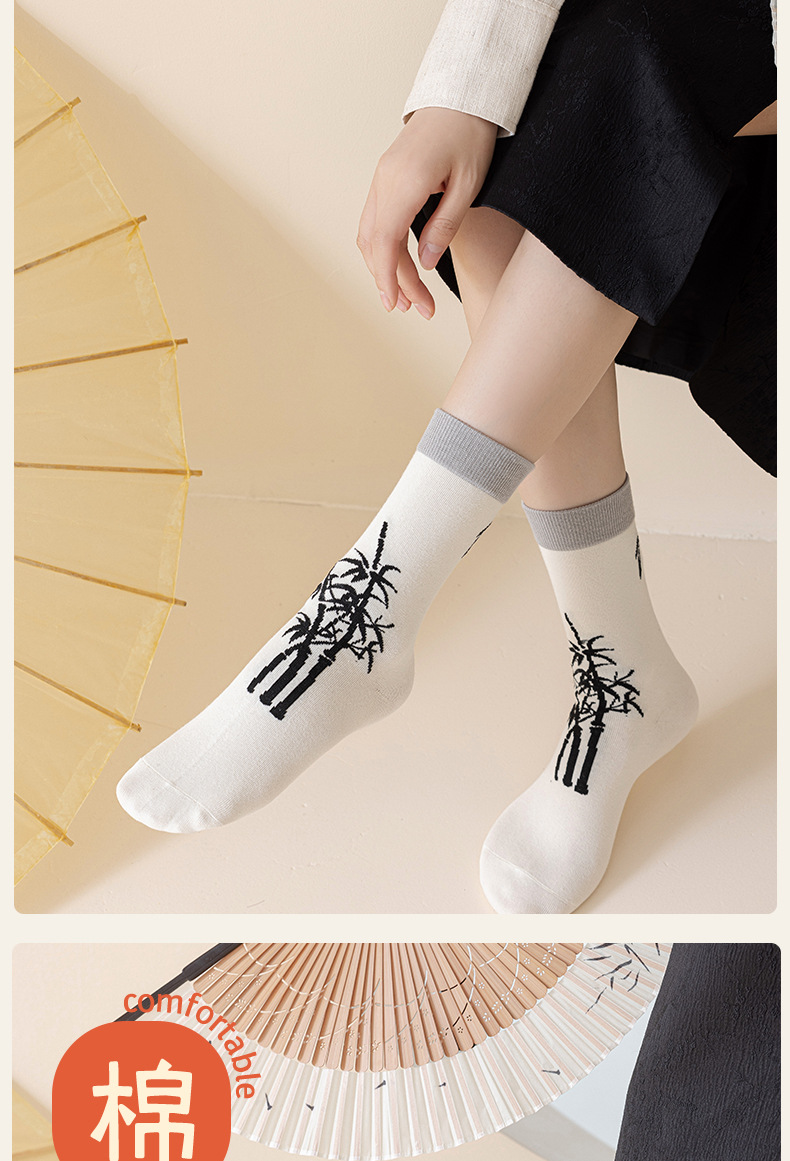 国潮阿程家批发袜子女春秋中国风新中式水墨画个性复古浮雕ins花边袜详情10