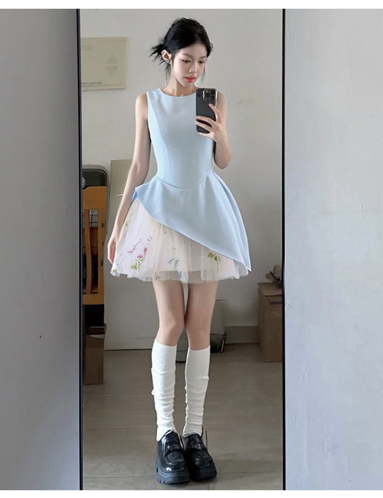 蓝色掐腰a字连衣裙无袖小裙子女夏季短裙蓬蓬裙短款夏日绝美生日详情20