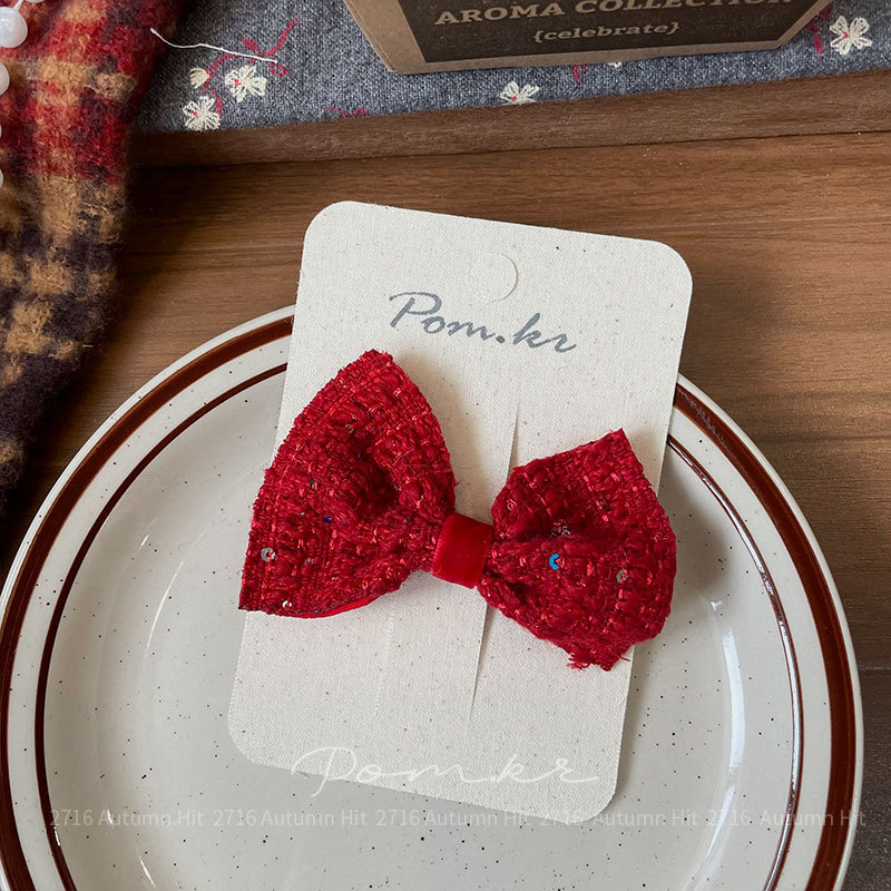新款韩版红色系蝴蝶结发夹手工布艺儿童侧边碎发刘海夹甜美边夹女红色蝴蝶结发夹 毛呢网纱款带装饰 含皇冠玩偶 少女喜庆精致发详情9