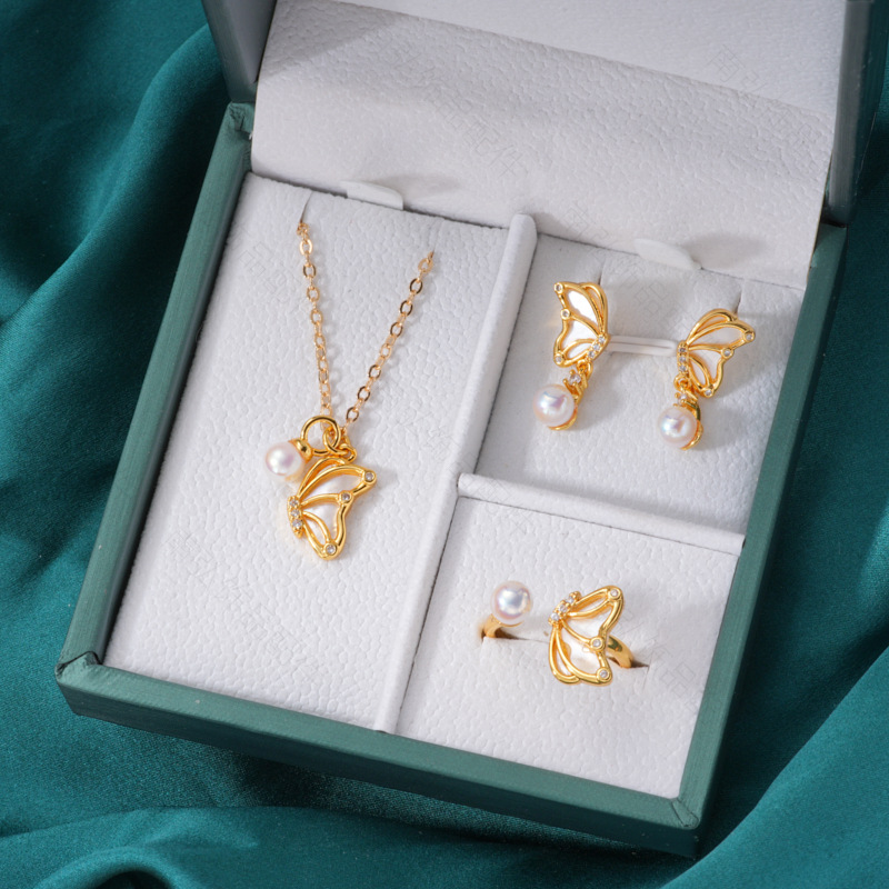 Pearl ring, earneedle pendant, three-piece set, empty stand, four-petal flower, white butterfly shell design, high-end DIY light luxury earrings pic 21