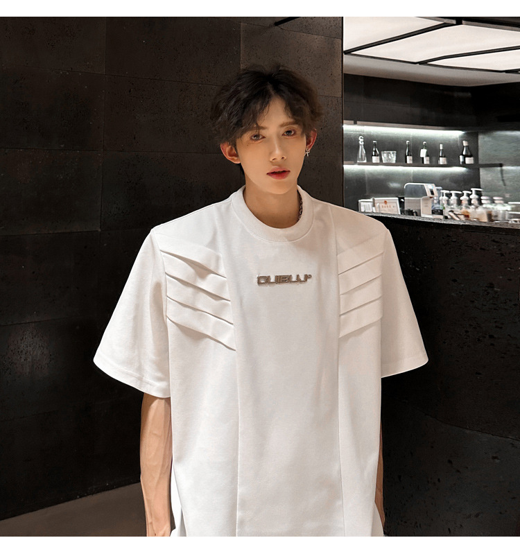 European and American high street original design sense T-shirt for men, multi-layered structure shoulder pad short-sleeved, summer American-style heavy half-sleeved pic 2