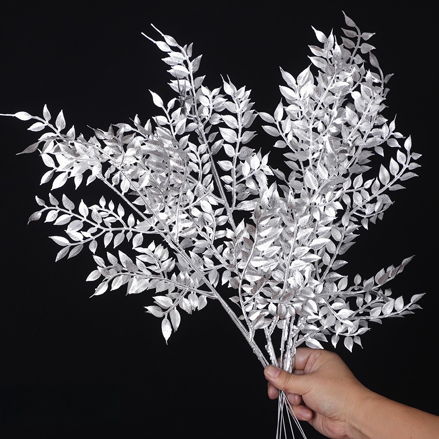 银色仿真花年宵花银色尤加利银色叶子银杏叶假花福桶插花新年摆件详情6