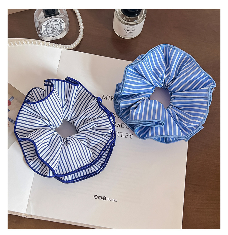 韩式蓝色条纹双层大肠发圈女时尚低马尾发绳学院风头绳皮筋头饰品详情14