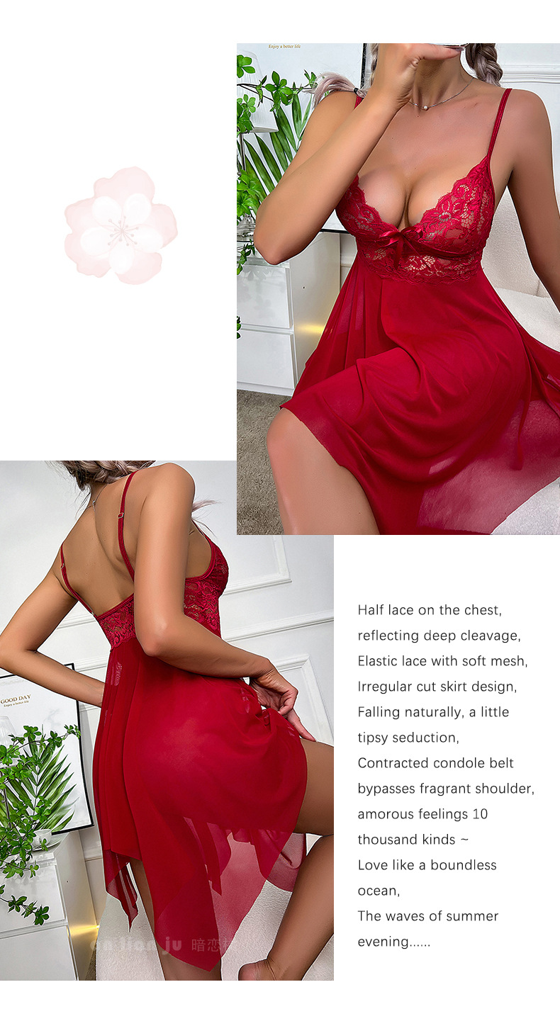 Cross-border underwear, mesh see-through irregular pajamas, lace cutout halter nightgowns, home wear 309, sexy pic 17