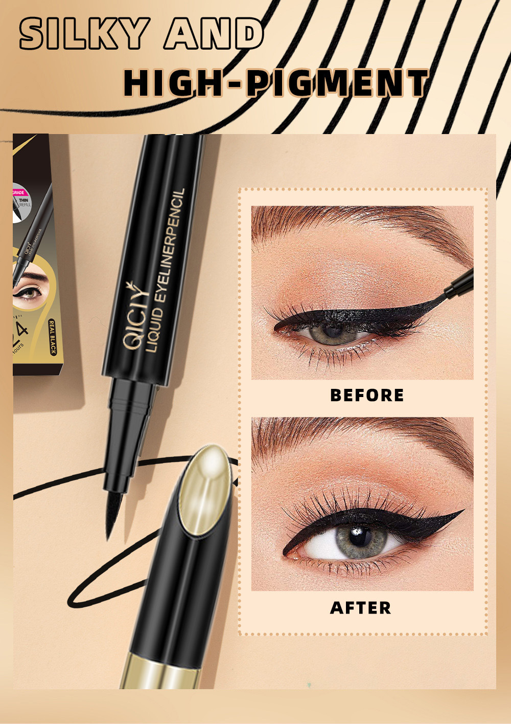 【 Cross-border Exclusive 】QICIY eyeliner Pen Waterproof, non-smudging, genuine eyeliner liquid pen, Quick-drying silkworm pen wholesale pic 4